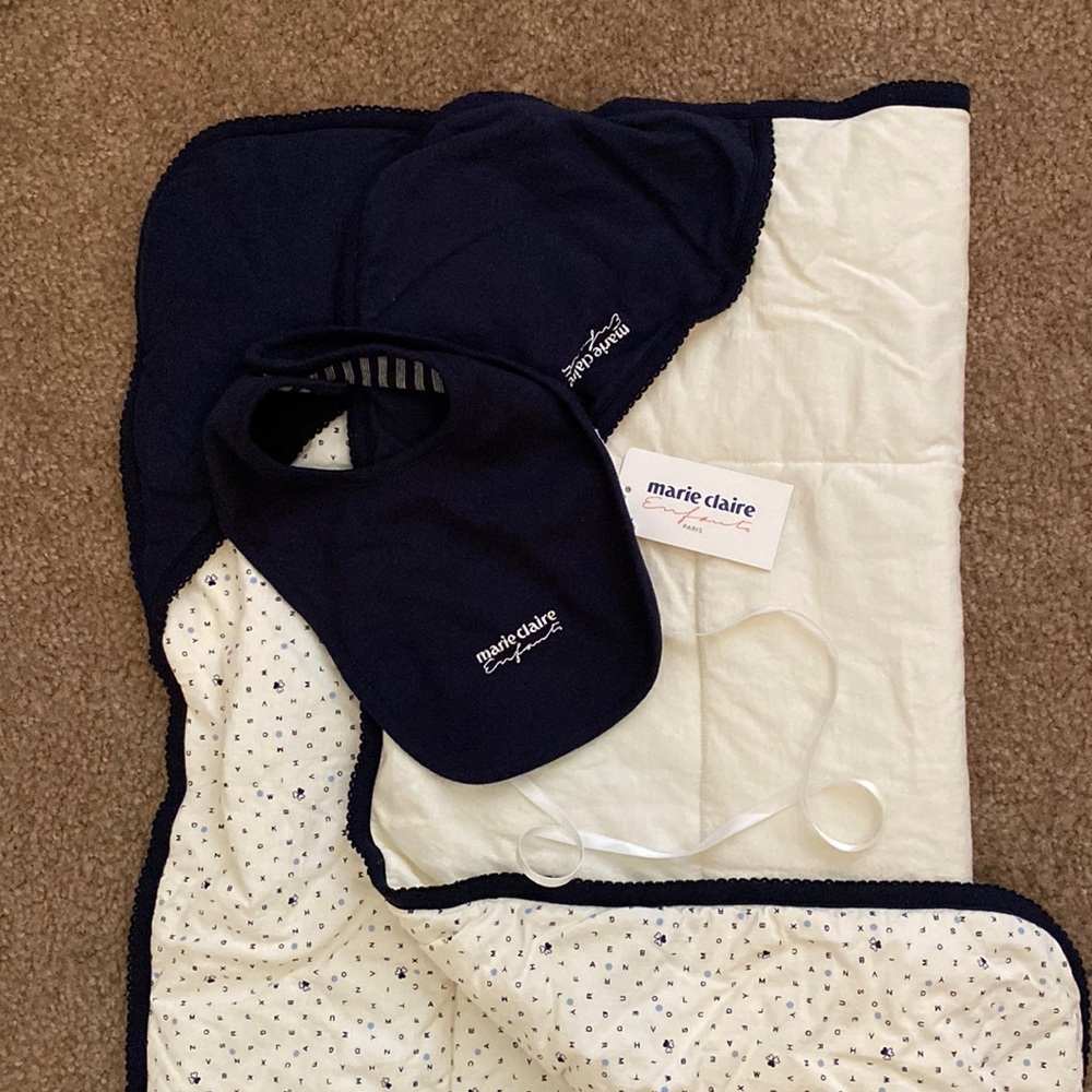 NEW! Marie Claire 100% cotton baby bib and blanket